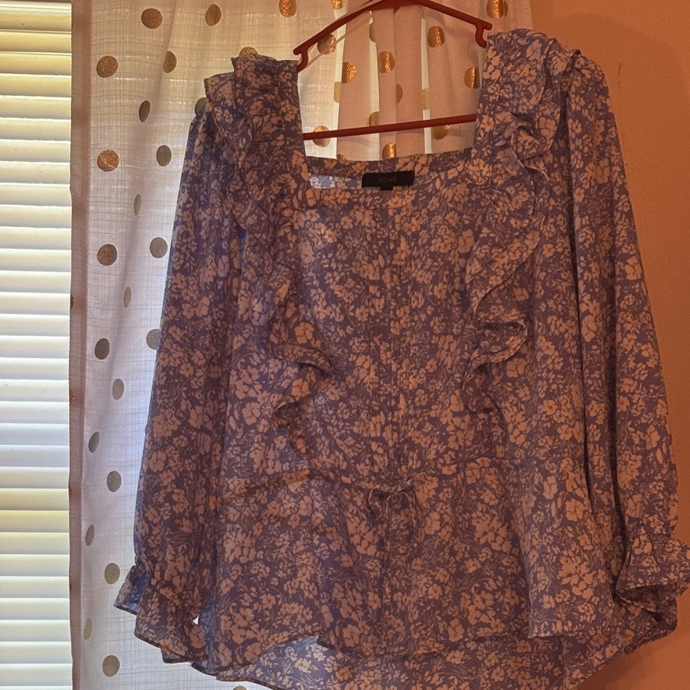 Chic Blue Patterned Ruffle Blouse - image 1